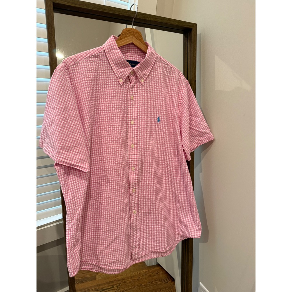 Ralph Lauren Mens Pink Gingham Seersucker Short Sleeve Button Down Shirt XL